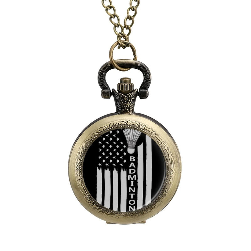 Badminton with American Flag Alloy Clock Vintage Pocket Watch Cute Hang Watches Pendent Necklace