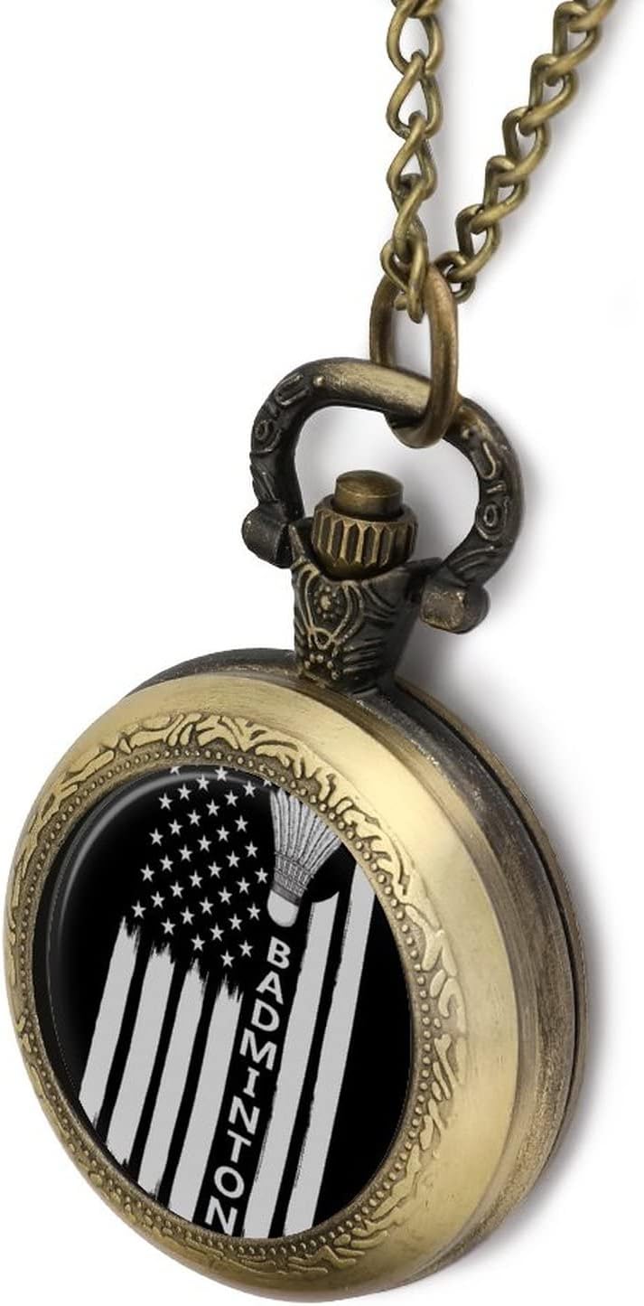 Badminton with American Flag Alloy Clock Vintage Pocket Watch Cute Hang Watches Pendent Necklace