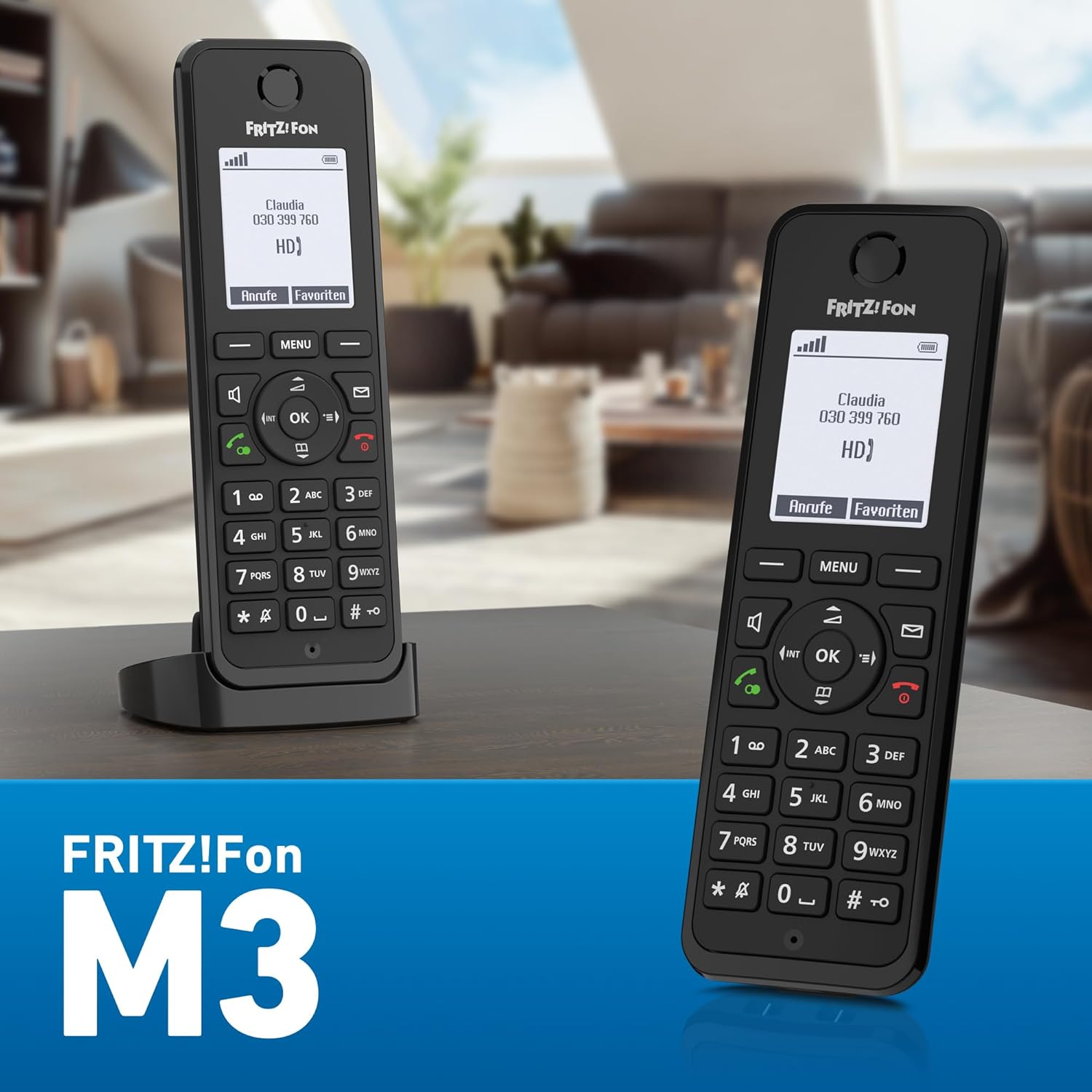 FRITZ!Fon M3 |Telefono DECT Comfort, display monocromatico da 1,8 pollici, telefonia HD, chiamate vivavoce full duplex, batteria lunga durata, trasmissione vocale crittografata, versione international