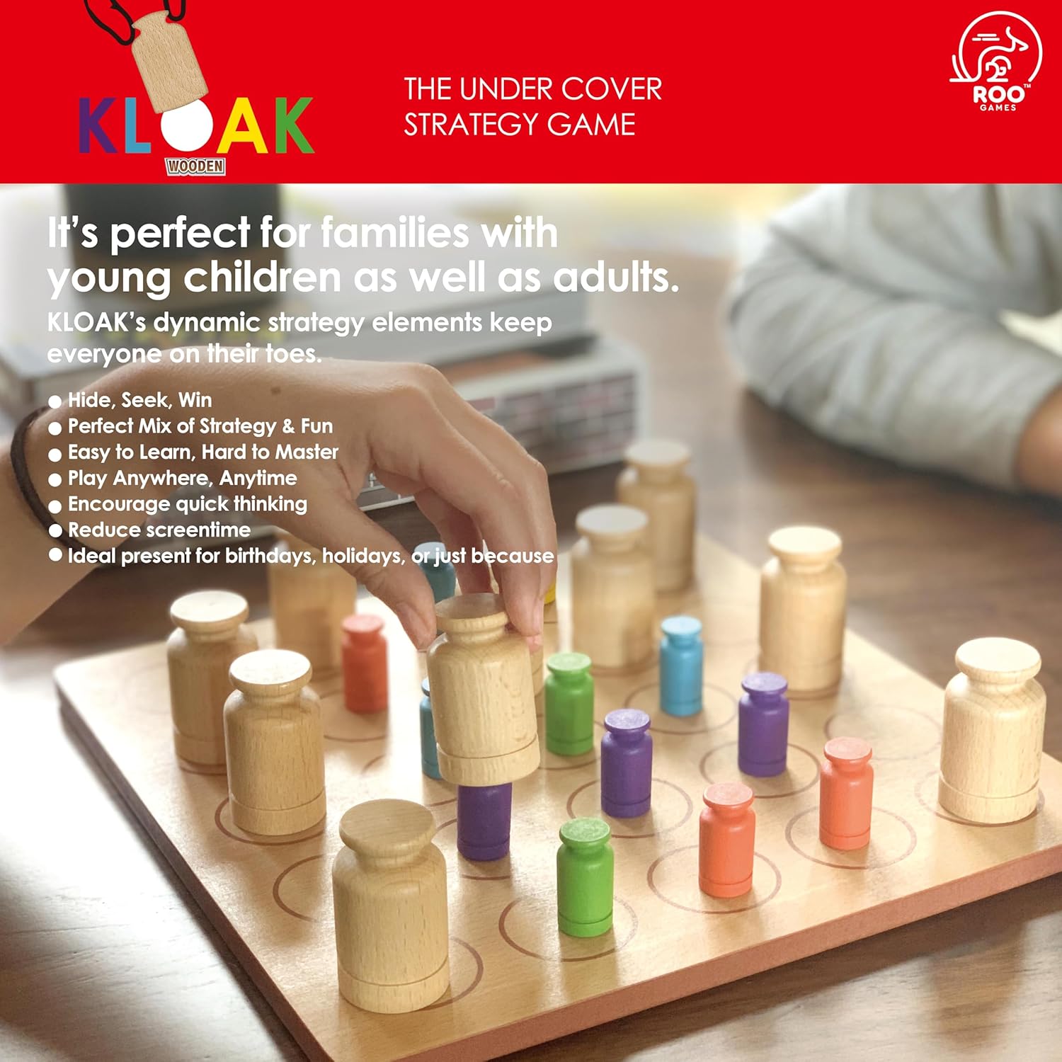 Roo Games KLOAK - All Wooden Strategy Board Games for Adults & Kids, 2-4 Players, Family Games, Popular Games for Ages 8+, Stimulates Critical Thinking, Durable Hardwood Components