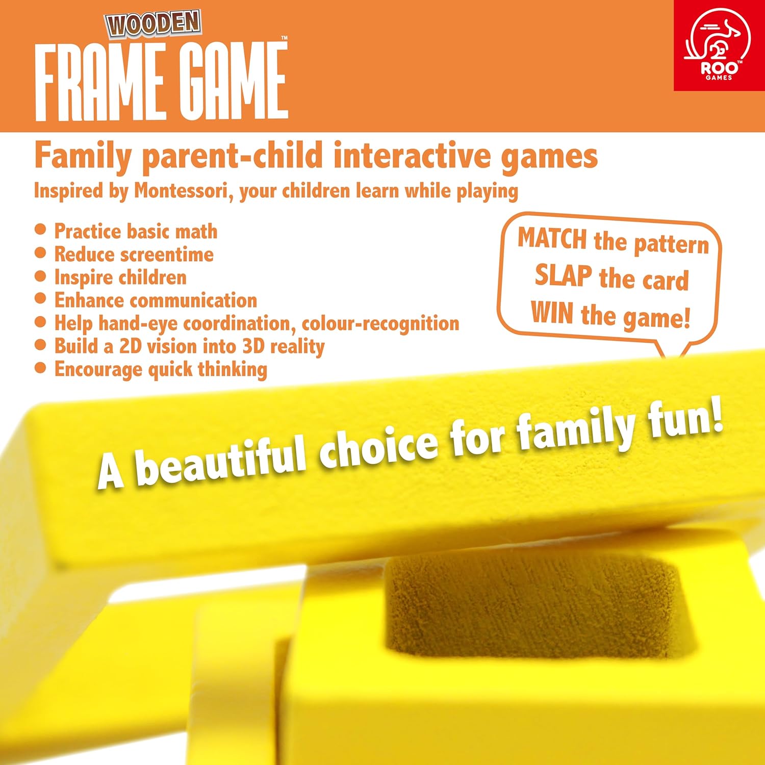 Roo Games Frame Game - Beautiful All Wooden Design, Montessori Inspired, Safe & Durable, Water-based Paints - Perfect Board Games for Adults, Family Games, Family Card Games - Ages 8+