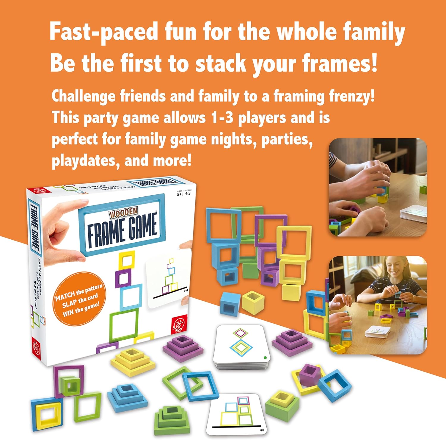 Roo Games Frame Game - Beautiful All Wooden Design, Montessori Inspired, Safe & Durable, Water-based Paints - Perfect Board Games for Adults, Family Games, Family Card Games - Ages 8+