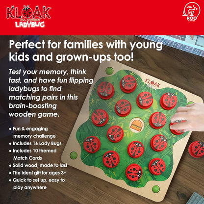 ROO GAMES LADY BUG KLOAK- Wooden Memory Game for Kids - Montessori-Inspired Toddler Toys for 3 Year Old Girl Gifts - Boosts Memory & Focus - Bright Ladybug Design - Eco-Friendly Kids Games