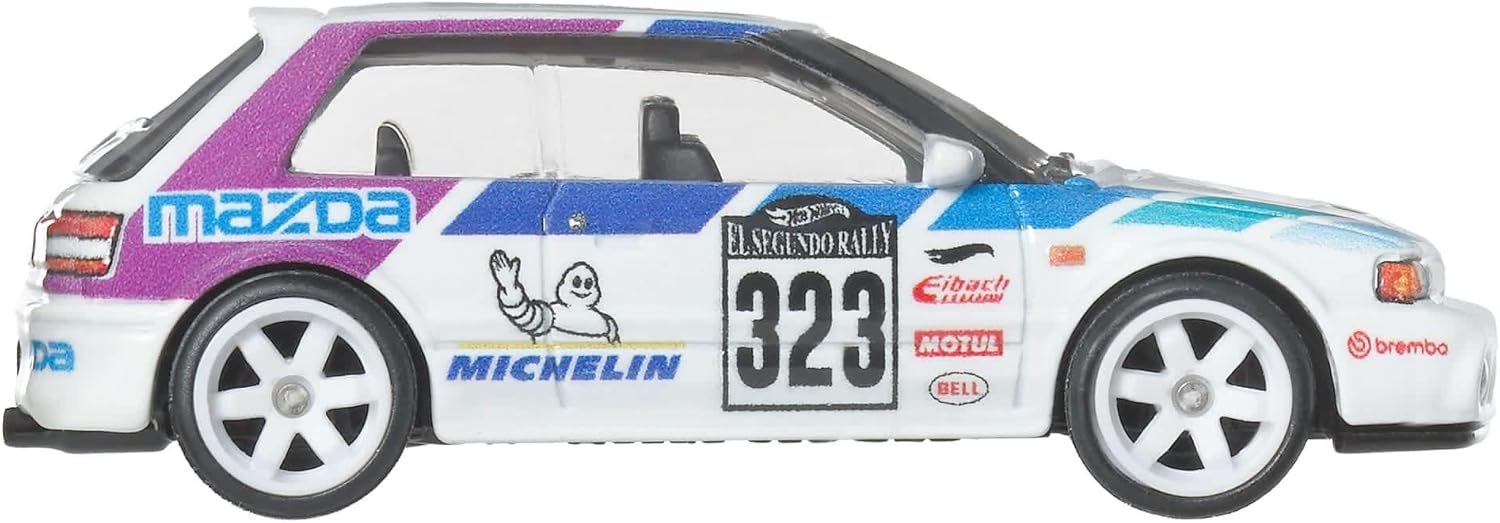 Hot Wheels Mazda 323 GTR Car Culture Vehicle, Premium 1:64 Scale Die-Cast Toy Car with Real Riders Tires & Metal/Metal Body & Chassis, JKF17
