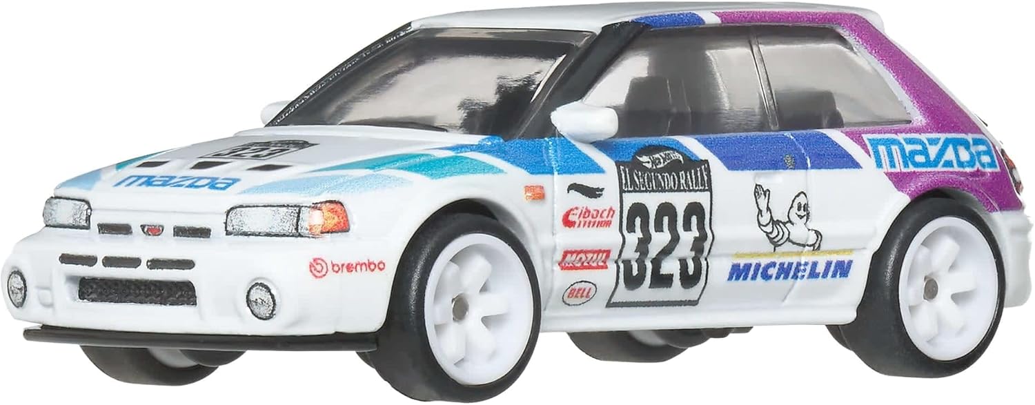Hot Wheels Mazda 323 GTR Car Culture Vehicle, Premium 1:64 Scale Die-Cast Toy Car with Real Riders Tires & Metal/Metal Body & Chassis, JKF17