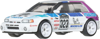 Hot Wheels Mazda 323 GTR Car Culture Vehicle, Premium 1:64 Scale Die-Cast Toy Car with Real Riders Tires & Metal/Metal Body & Chassis, JKF17