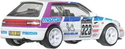 Hot Wheels Mazda 323 GTR Car Culture Vehicle, Premium 1:64 Scale Die-Cast Toy Car with Real Riders Tires & Metal/Metal Body & Chassis, JKF17