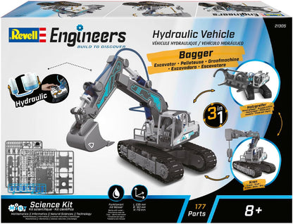 Revell Engineers 21305 Hydraulic Excavator 3in1 Science Kit I 177 Parts I Water Powered I 23.5cm In Length