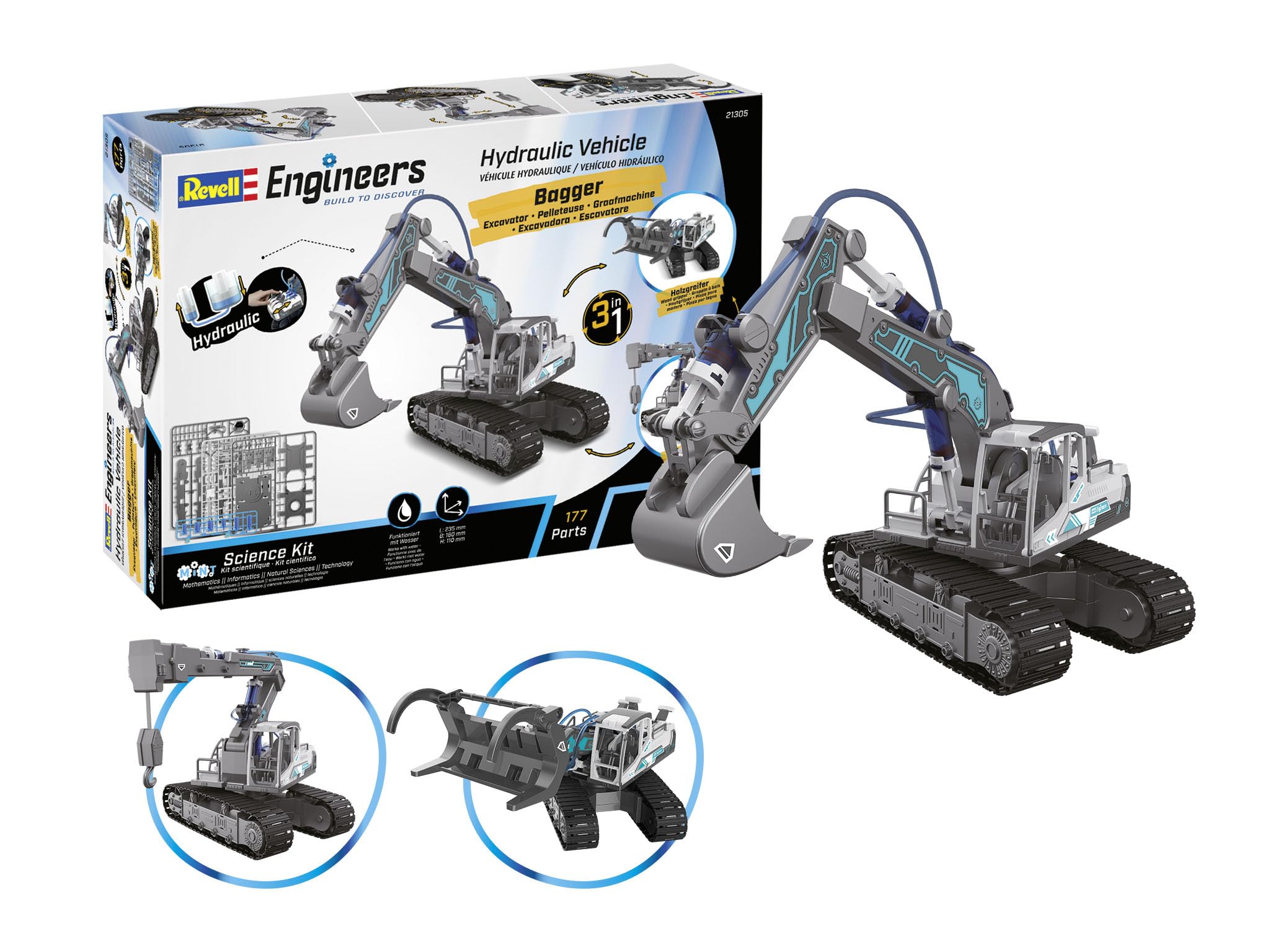 Revell Engineers 21305 Hydraulic Excavator 3in1 Science Kit I 177 Parts I Water Powered I 23.5cm In Length