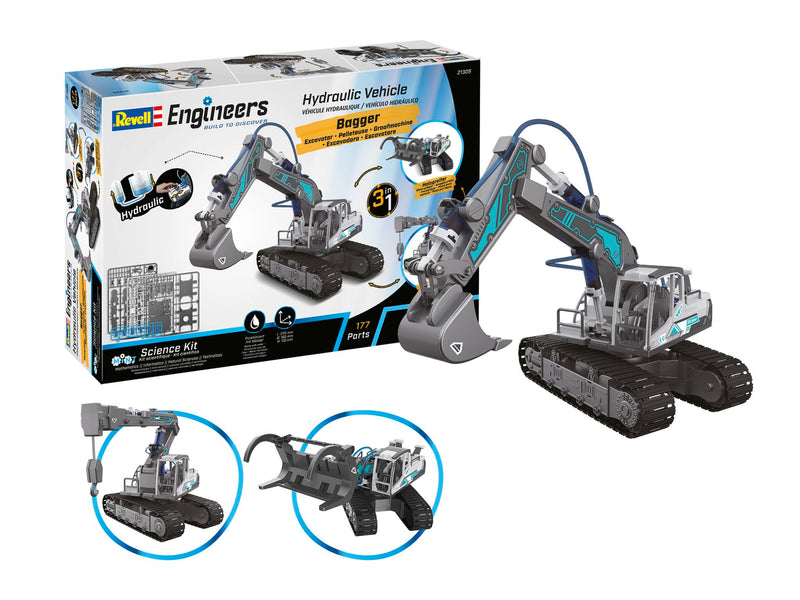 Revell Engineers 21305 Hydraulic Excavator 3in1 Science Kit I 177 Parts I Water Powered I 23.5cm In Length