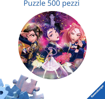 Ravensburger Puzzle 500 Pezzi KPop Demon Hunters – Puzzle Adulti +14 anni, 52 x 52 cm, Puzzle per Adulti Rotondo KPop, Poster Incluso, Idee Regalo