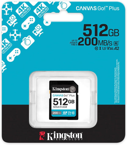 Kingston Canvas Go Plus SDXC Memory Card Gen4 200MB/s C10 UHS-I U3 V30 512GB-SDG4/