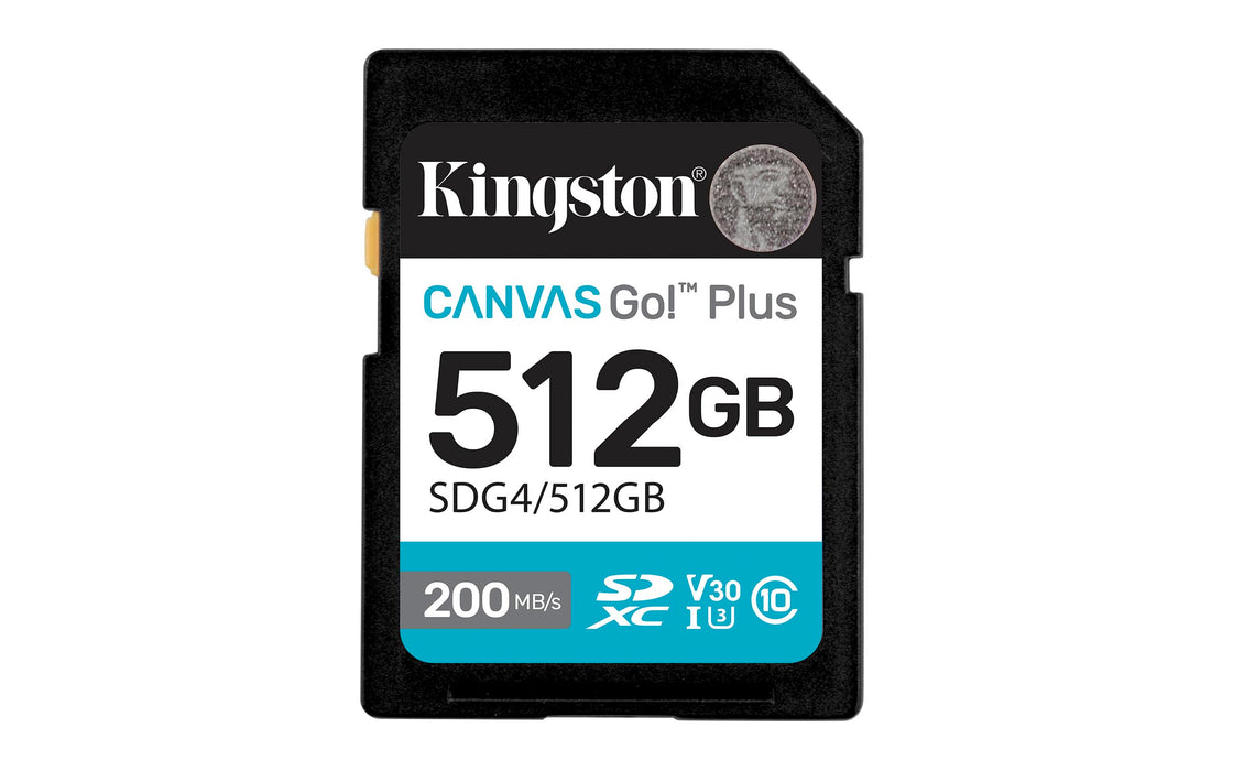 Kingston Canvas Go Plus SDXC Memory Card Gen4 200MB/s C10 UHS-I U3 V30 512GB-SDG4/