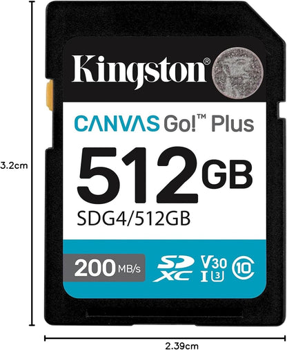 Kingston Canvas Go Plus SDXC Memory Card Gen4 200MB/s C10 UHS-I U3 V30 512GB-SDG4/