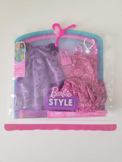 Barbie Style Fashion Pack, 2 Floral Outfits Pink and Purple with Accessories for Doll Barbie