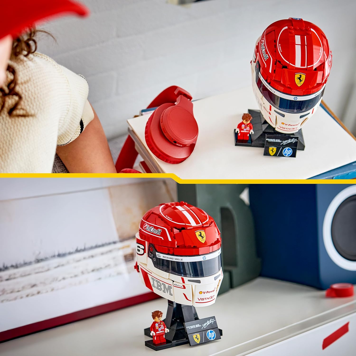 LEGO Editions Scuderia Ferrari HP Helm van Charles Leclerc – F1 Auto Bouwpakket voor Kinderen met Verzamelbare Minifiguur – Displaymodel – Decoratie – Cadeau voor Jongens, Meisjes en Fans 43014