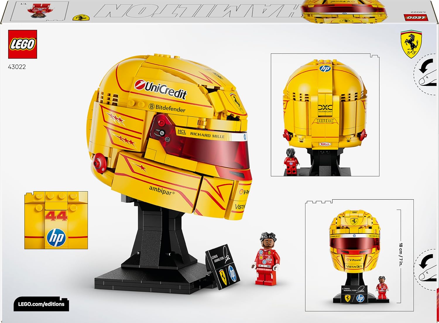 LEGO Editions Scuderia Ferrari HP Helm van Lewis Hamilton – F1 Auto Bouwpakket voor Kinderen met Verzamelbare Minifiguur – Displaymodel – Decoratie – Cadeau voor Jongens, Meisjes en Fans 43022
