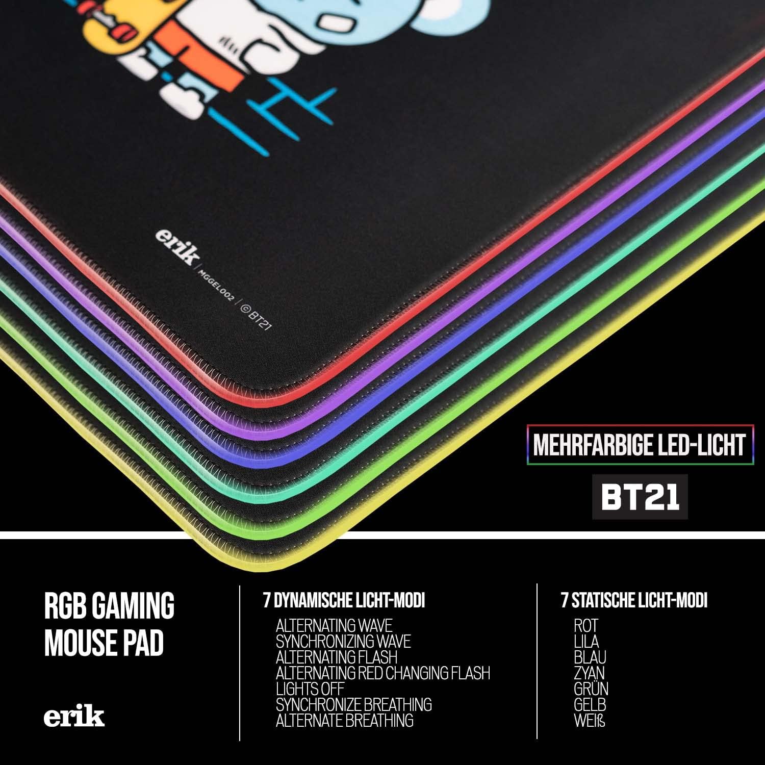 Grupo Erik: Tappetino Mouse XXL BT21 | Tappetino Mouse 900x400, Tappetino RGB LED con 14 effetti luce e cavo USB, base antiscivolo, 100% waterproof, Tappetino Gaming LED, Bt21 Led Xxl Mouse Mat 90 X 40 Cm, Grupo Erik - Tapis de Souris XXL RGB BT21 | Tapis