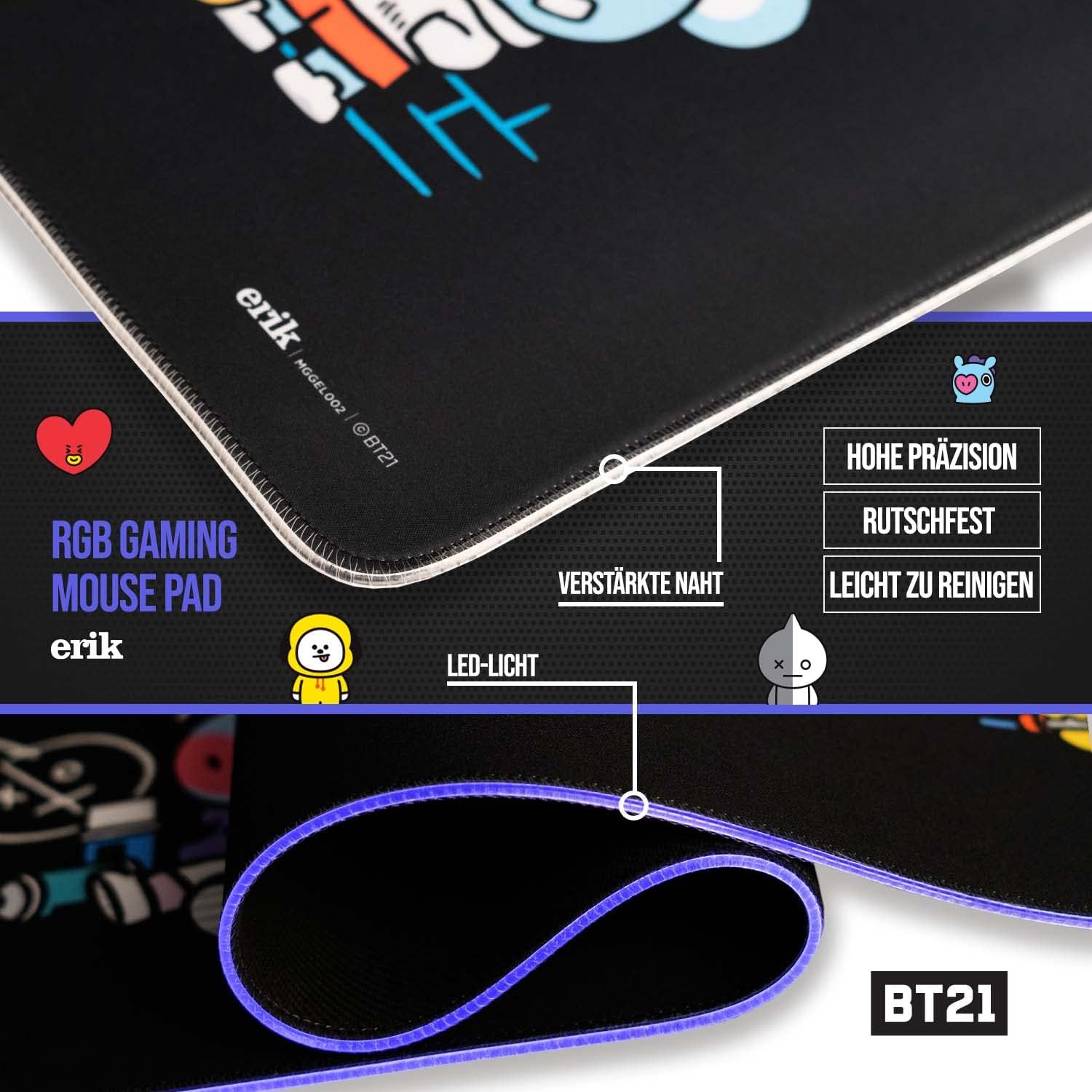 Grupo Erik: Tappetino Mouse XXL BT21 | Tappetino Mouse 900x400, Tappetino RGB LED con 14 effetti luce e cavo USB, base antiscivolo, 100% waterproof, Tappetino Gaming LED, Bt21 Led Xxl Mouse Mat 90 X 40 Cm, Grupo Erik - Tapis de Souris XXL RGB BT21 | Tapis
