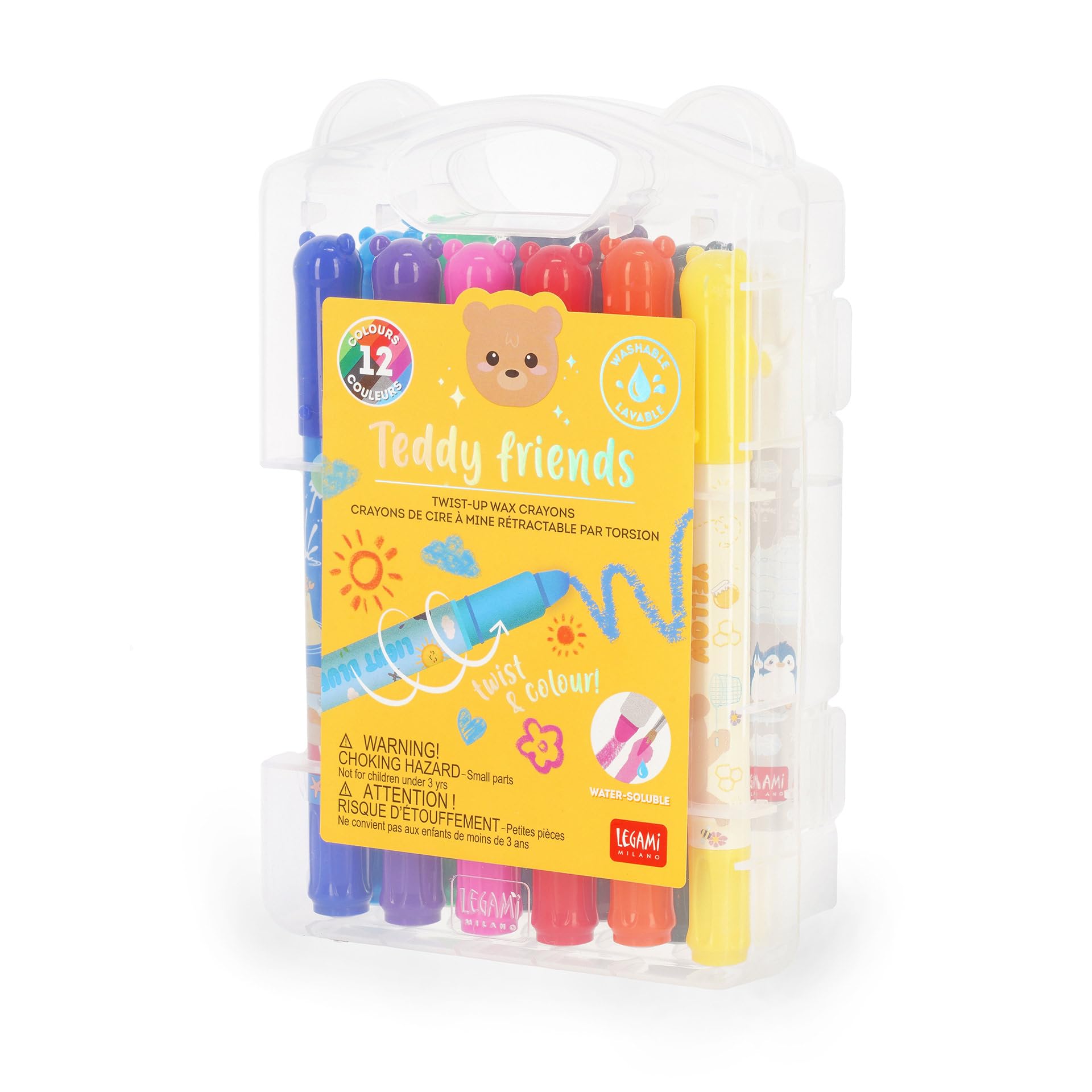 Legami - Set of 12 Teddy Friends Wax Crayons, Rotating, Soft Lines and Intense Colours, Washable, 8 mm Tip, Non Sharpening, 1.5 x 13.3 x 1.8 cm