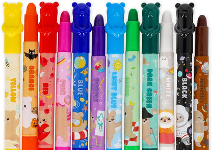 Legami - Set of 12 Teddy Friends Wax Crayons, Rotating, Soft Lines and Intense Colours, Washable, 8 mm Tip, Non Sharpening, 1.5 x 13.3 x 1.8 cm