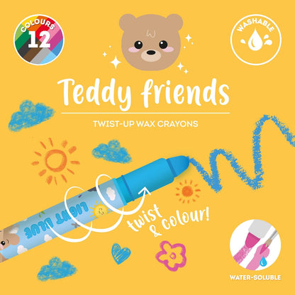 Legami - Set of 12 Teddy Friends Wax Crayons, Rotating, Soft Lines and Intense Colours, Washable, 8 mm Tip, Non Sharpening, 1.5 x 13.3 x 1.8 cm