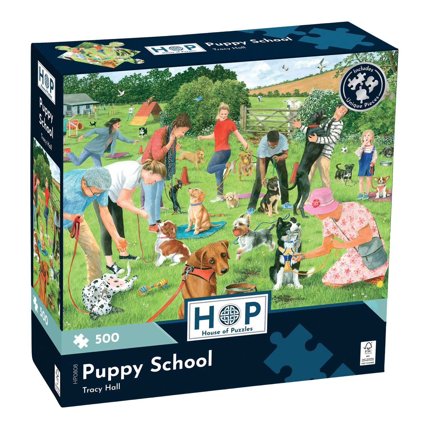 The House of Puzzles | Puppy School 500 Piece Jigsaw Puzzle for Adults & Kids | Features Artwork by Tracy Hall | Animals and Wildlife Theme | Sustainably Made FSC Certified Board