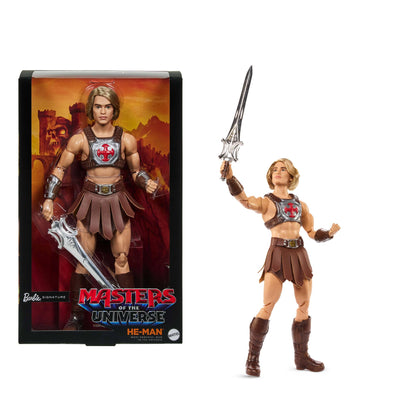 Barbie Signature-Puppe, Ken He-Man-Sammelfigur mit Kampfharnisch, Schwert, Puppenständer und Display-Verpackung, Motu Film-Thema, JJY03