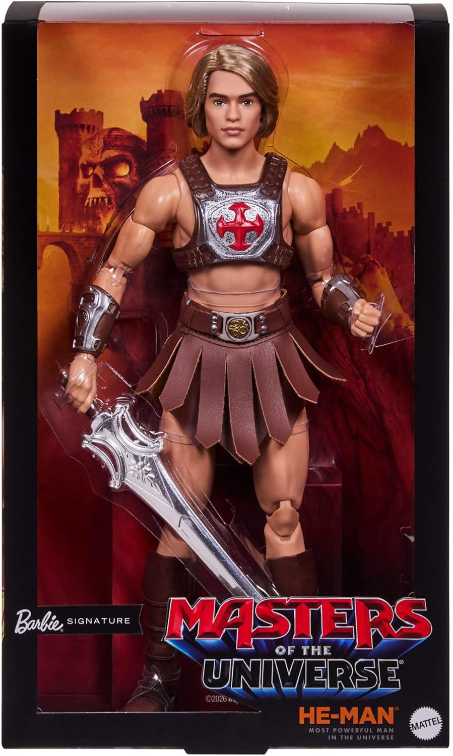 Barbie Signature-Puppe, Ken He-Man-Sammelfigur mit Kampfharnisch, Schwert, Puppenständer und Display-Verpackung, Motu Film-Thema, JJY03