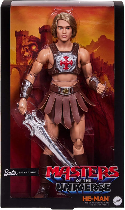 Barbie Signature-Puppe, Ken He-Man-Sammelfigur mit Kampfharnisch, Schwert, Puppenständer und Display-Verpackung, Motu Film-Thema, JJY03