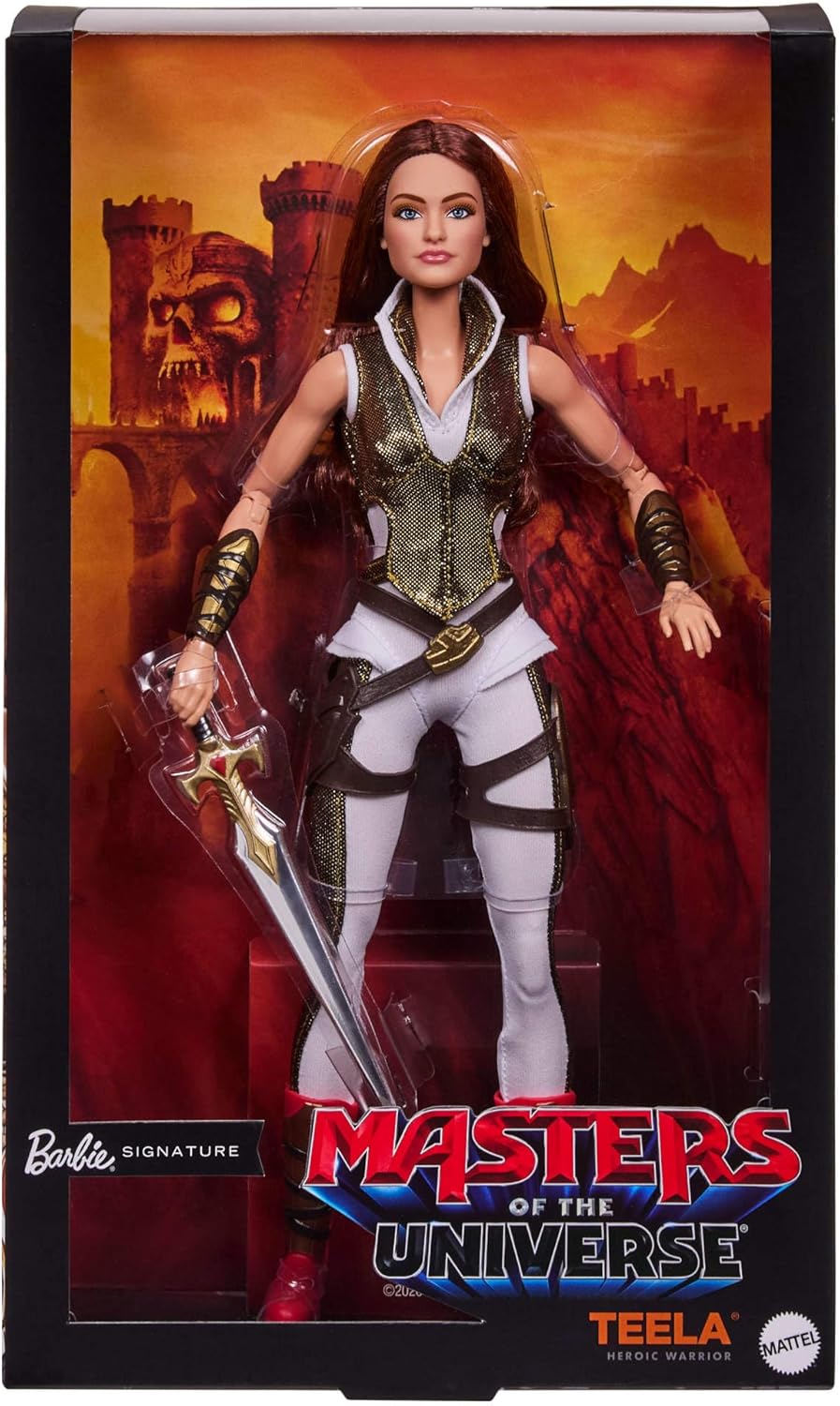 Barbie Signature-Puppe, Teela-Sammelfigur im Jumpsuit, mit Schwert, Puppenständer und Display-Verpackung, Motu Film-Thema, JKG65