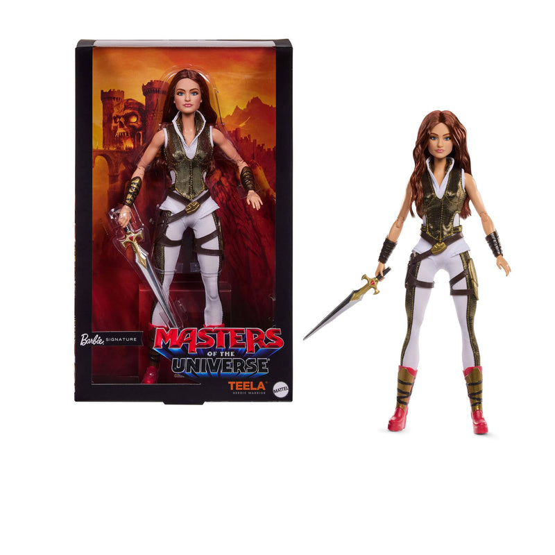 Barbie Signature-Puppe, Teela-Sammelfigur im Jumpsuit, mit Schwert, Puppenständer und Display-Verpackung, Motu Film-Thema, JKG65