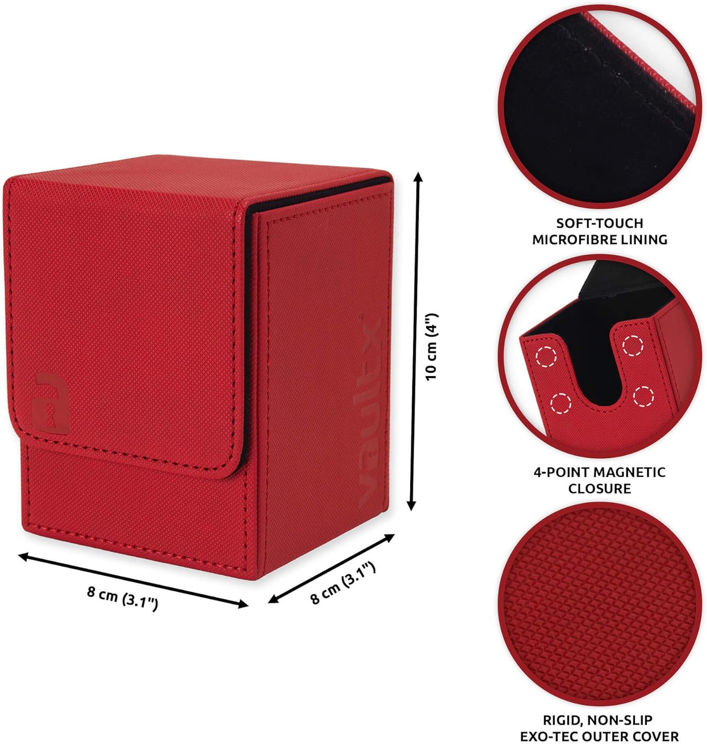 Vault X Trading Card Toploading Deck Box, 80+ sleeved cards, Premium Exo-Tec Material, Card Holder Storage Box, Magnetic Lid, for MTG Commander, TCG (Red