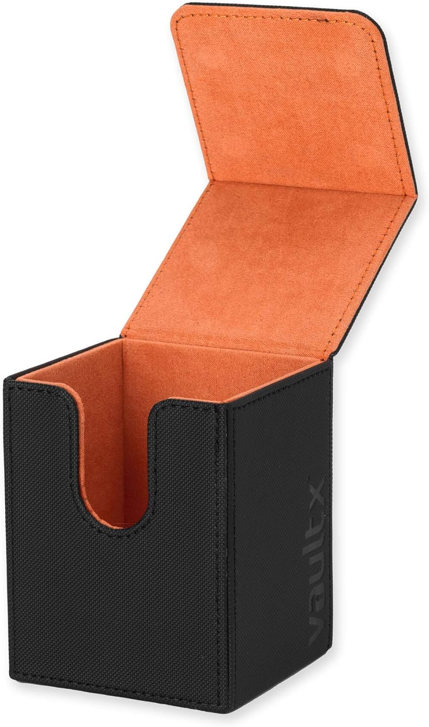 Vault X Trading Card Deck Box, 80+ sleeved cards, Premium Exo-Tec Material, Toploading Card Holder Storage Box, Magnetic Lid, for MTG Commander, TCG (Black/Orange