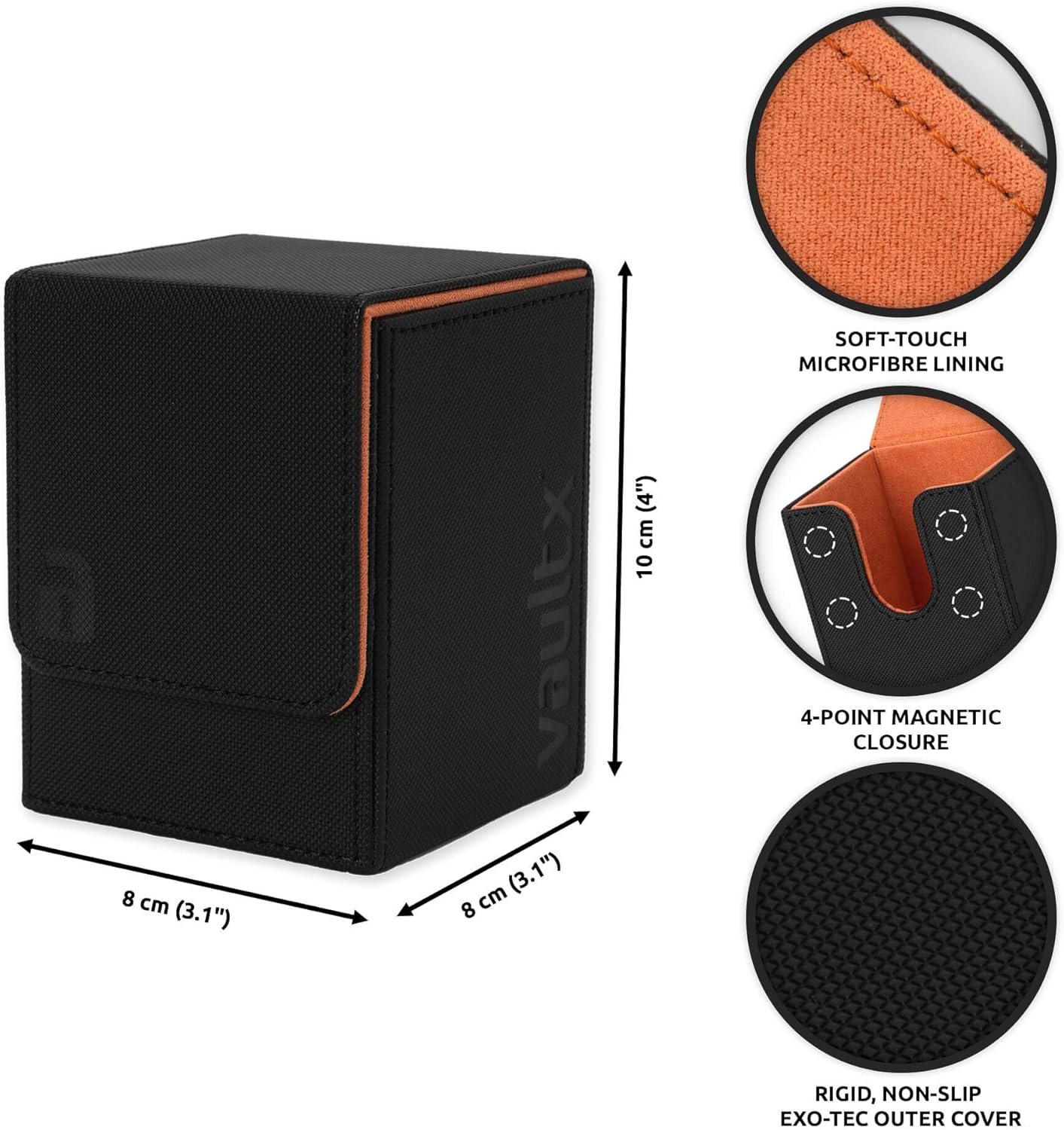 Vault X Trading Card Deck Box, 80+ sleeved cards, Premium Exo-Tec Material, Toploading Card Holder Storage Box, Magnetic Lid, for MTG Commander, TCG (Black/Orange