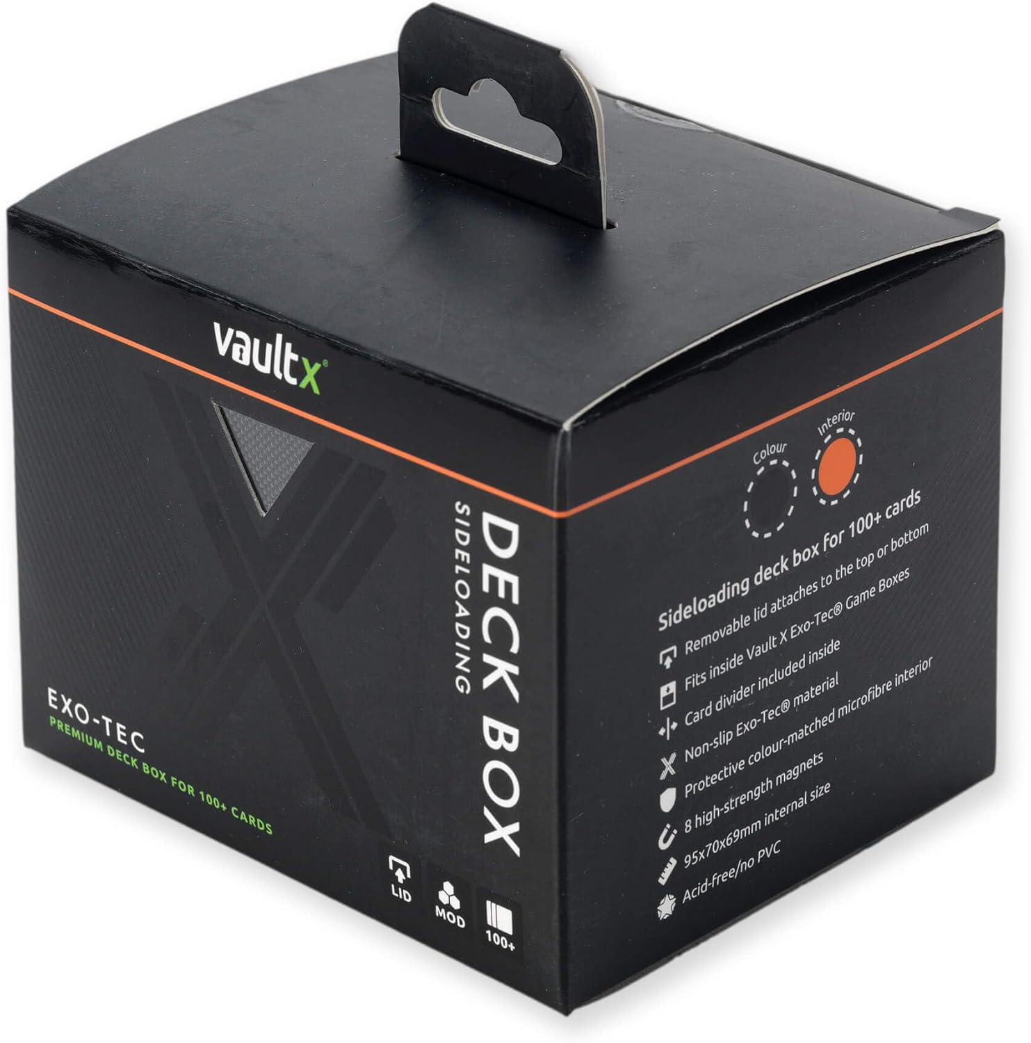 Vault X Trading Card Sideloading Deck Box, 100+ sleeved cards, Premium Exo-Tec Material, Card Holder Storage Box, Detachable Magnetic Lid, for MTG Commander Game, TCG (Black/Orange