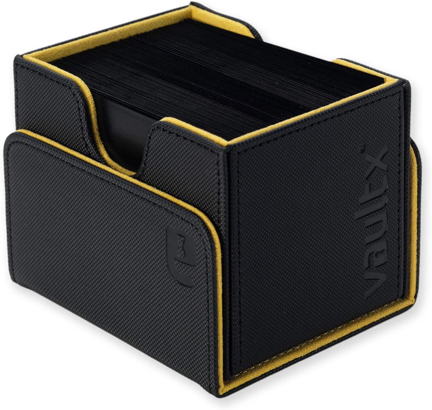 Vault X Trading Card Sideloading Deck Box, 100+ sleeved cards, Premium Exo-Tec Material, Card Holder Storage Box, Detachable Magnetic Lid, for MTG Commander Game, TCG (Black/Yellow