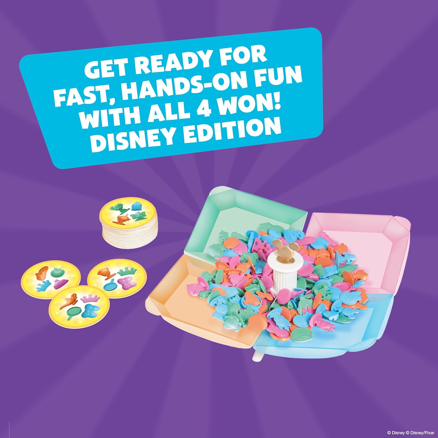 Drumond Park All 4 Won! Disney Family Game, 4-in-1 Fast-Paced Matching & Reflex Game, Spot & Grab Party Game for Kids, Disney & Pixar Characters, Fun Family Board Game for Ages 5+, 2+ Players