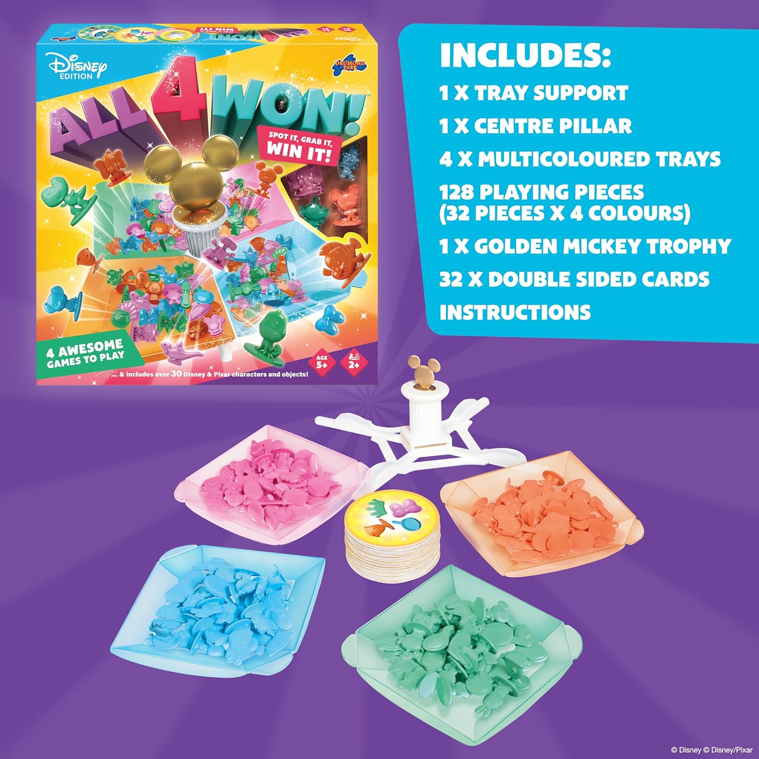 Drumond Park All 4 Won! Disney Family Game, 4-in-1 Fast-Paced Matching & Reflex Game, Spot & Grab Party Game for Kids, Disney & Pixar Characters, Fun Family Board Game for Ages 5+, 2+ Players