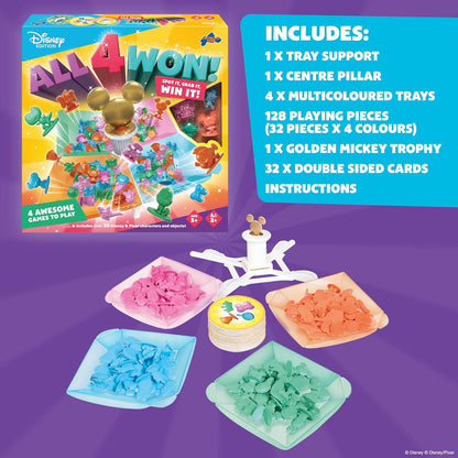 Drumond Park All 4 Won! Disney Family Game, 4-in-1 Fast-Paced Matching & Reflex Game, Spot & Grab Party Game for Kids, Disney & Pixar Characters, Fun Family Board Game for Ages 5+, 2+ Players