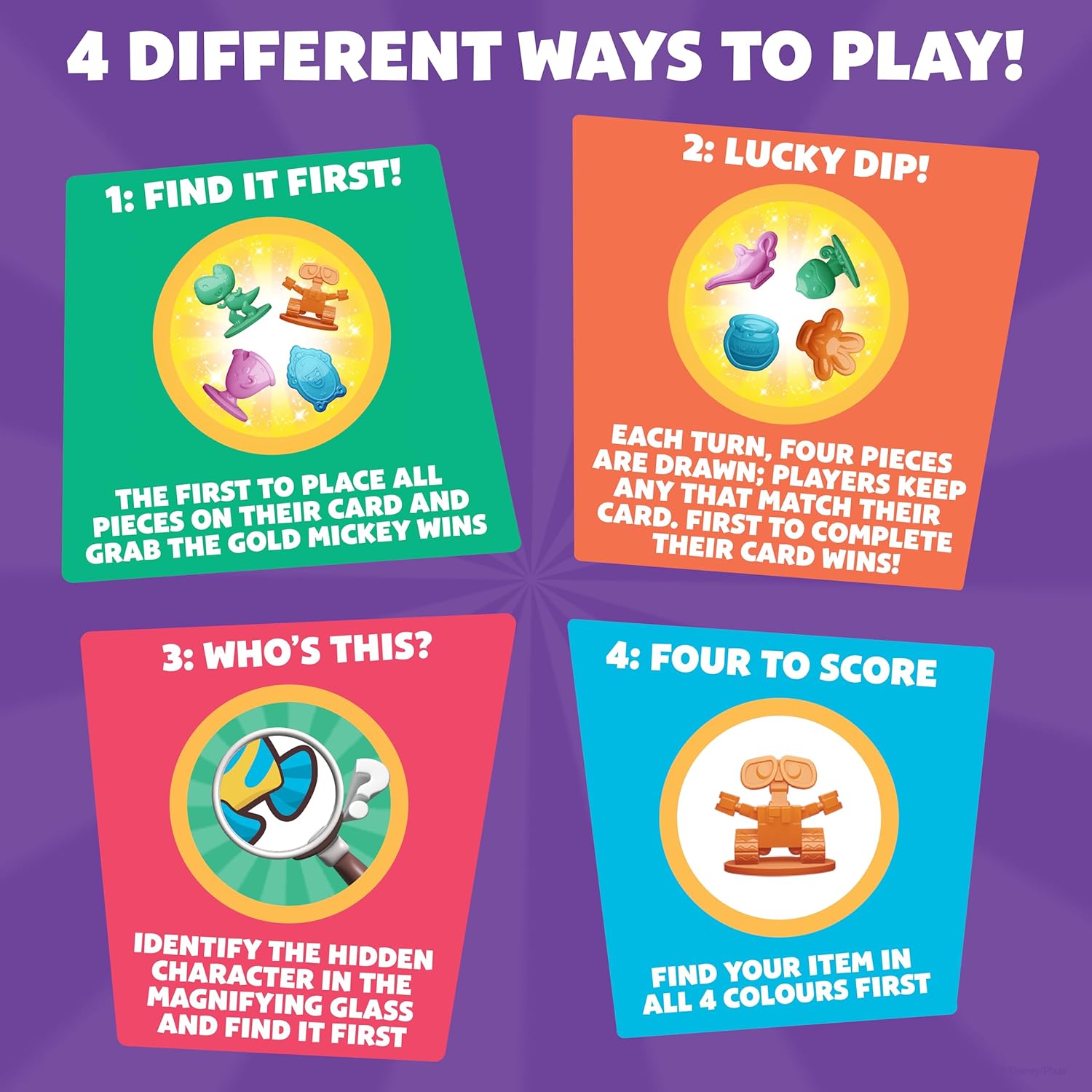 Drumond Park All 4 Won! Disney Family Game, 4-in-1 Fast-Paced Matching & Reflex Game, Spot & Grab Party Game for Kids, Disney & Pixar Characters, Fun Family Board Game for Ages 5+, 2+ Players