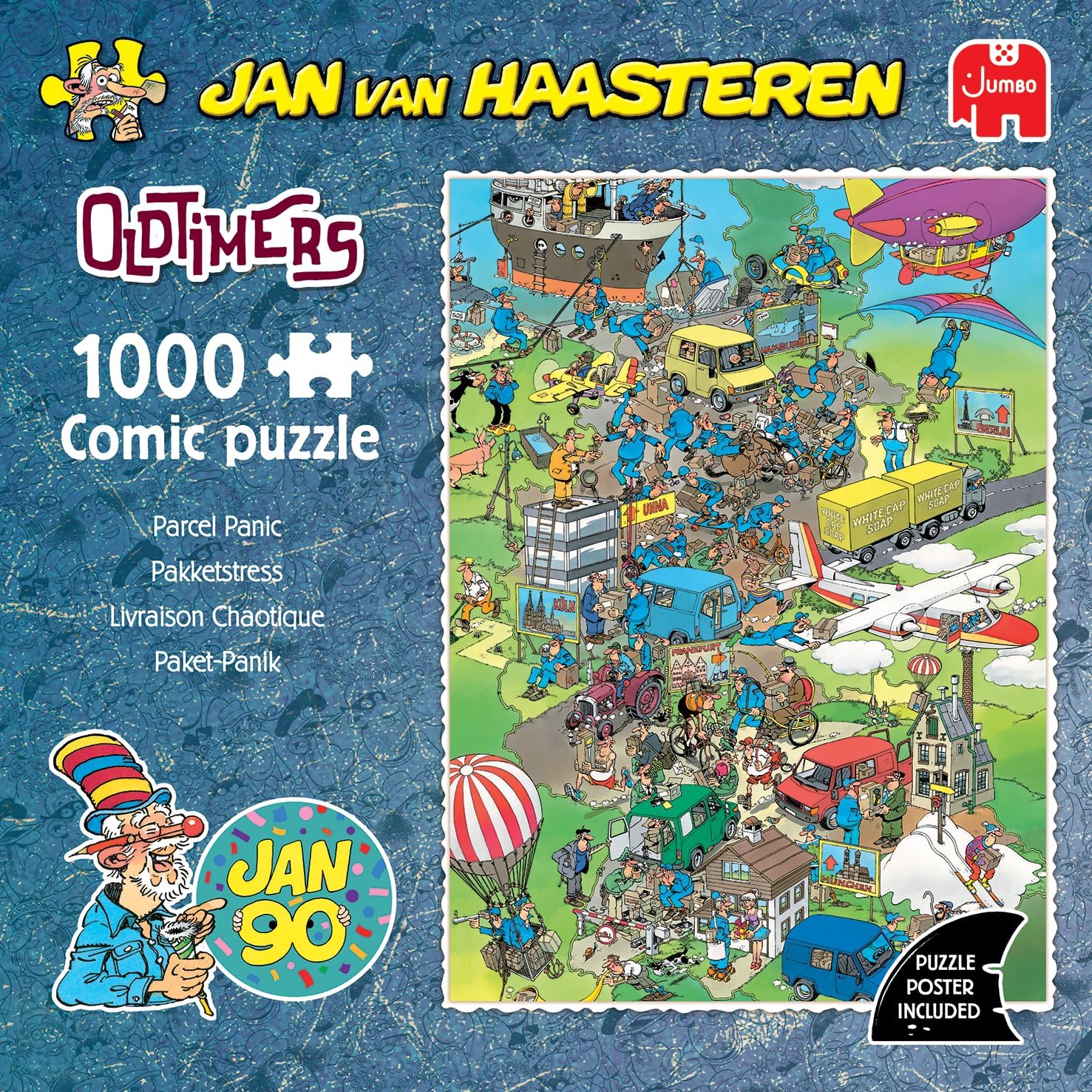 Jan van Haasteren Parcel Panic, Oldtimers – 1000 Teile Puzzle Für Erwachsene & Teens – Lustiges, Kniffliges Wimmelbild Puzzle Für Geburtstag & Weihnachten – 100% Recycelter Karton 68 x 49 cm – Jumbo