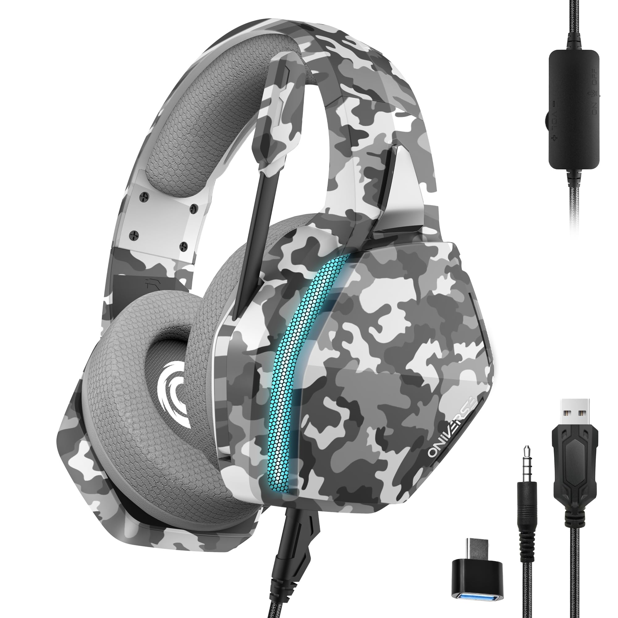 Oniverse Gaming-headset PS5 PS4 Switch Xbox PC Mac met verstelbare microfoon, LED, luidsprekers 50 mm, oorkussens van ademende stof, bekabeld, Nebula (Urban Camo/grijs