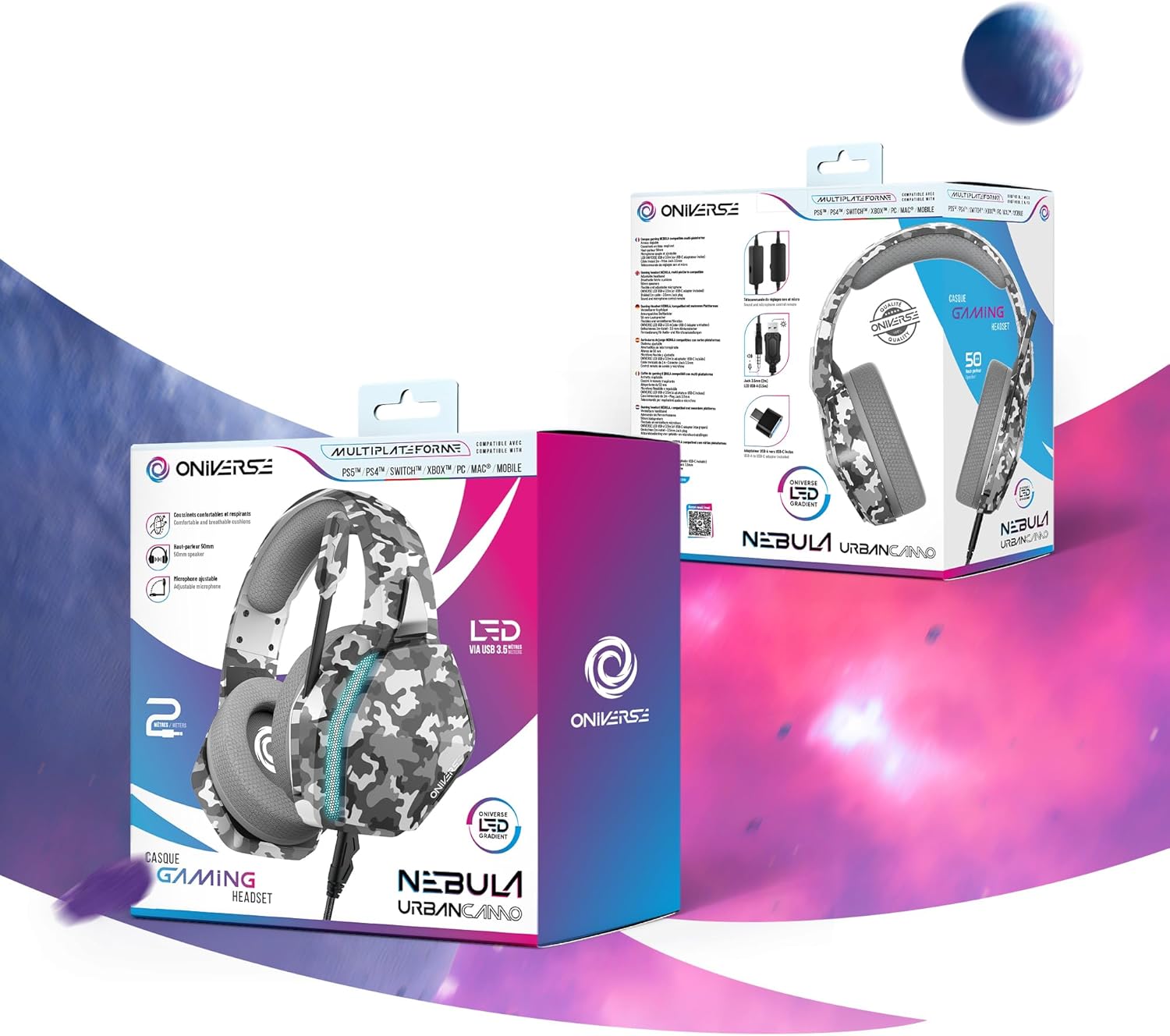 Oniverse Gaming-headset PS5 PS4 Switch Xbox PC Mac met verstelbare microfoon, LED, luidsprekers 50 mm, oorkussens van ademende stof, bekabeld, Nebula (Urban Camo/grijs