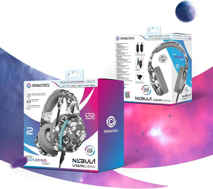 Oniverse Gaming-headset PS5 PS4 Switch Xbox PC Mac met verstelbare microfoon, LED, luidsprekers 50 mm, oorkussens van ademende stof, bekabeld, Nebula (Urban Camo/grijs