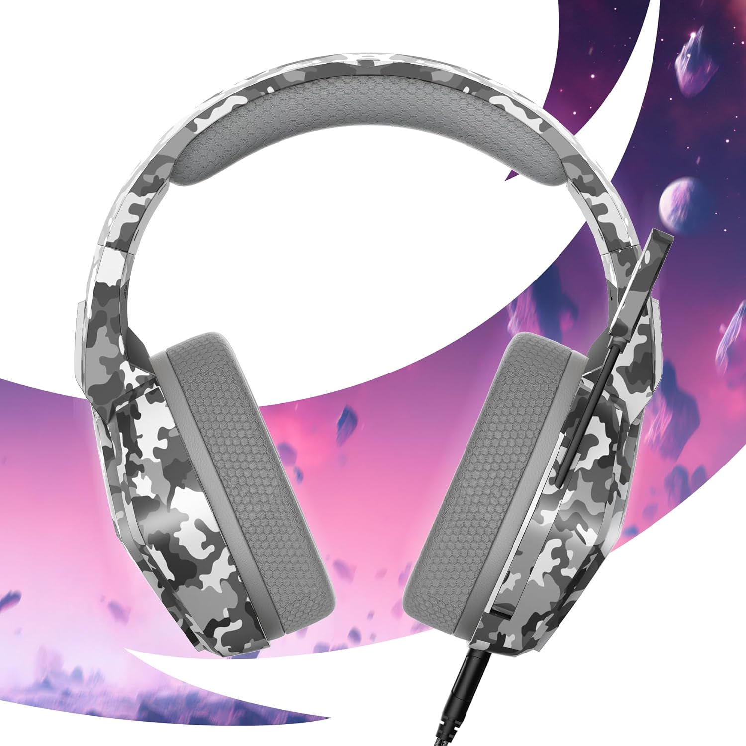 Oniverse Gaming-headset PS5 PS4 Switch Xbox PC Mac met verstelbare microfoon, LED, luidsprekers 50 mm, oorkussens van ademende stof, bekabeld, Nebula (Urban Camo/grijs