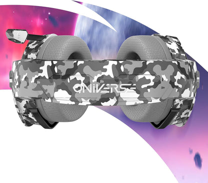 Oniverse Gaming-headset PS5 PS4 Switch Xbox PC Mac met verstelbare microfoon, LED, luidsprekers 50 mm, oorkussens van ademende stof, bekabeld, Nebula (Urban Camo/grijs