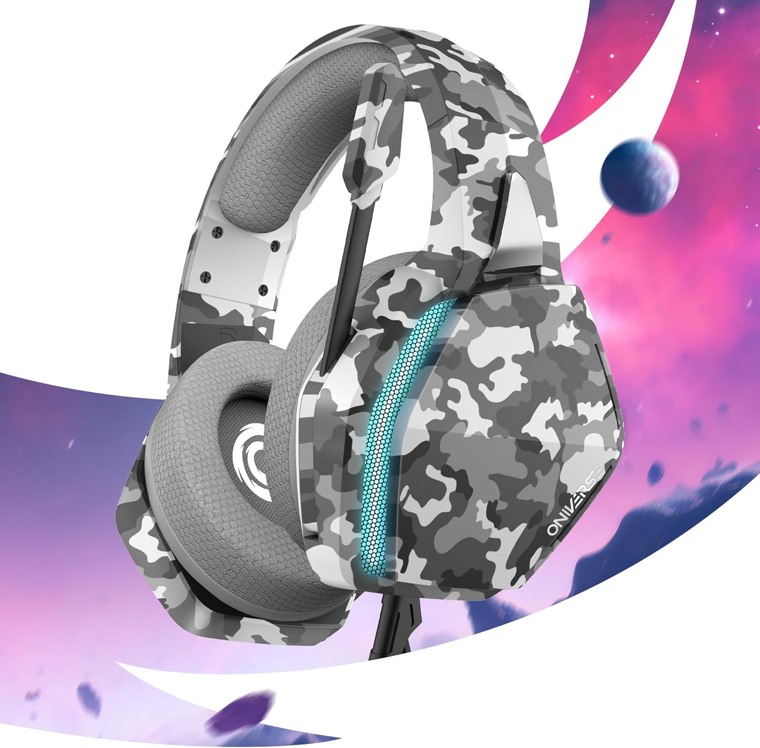 Oniverse Gaming-headset PS5 PS4 Switch Xbox PC Mac met verstelbare microfoon, LED, luidsprekers 50 mm, oorkussens van ademende stof, bekabeld, Nebula (Urban Camo/grijs