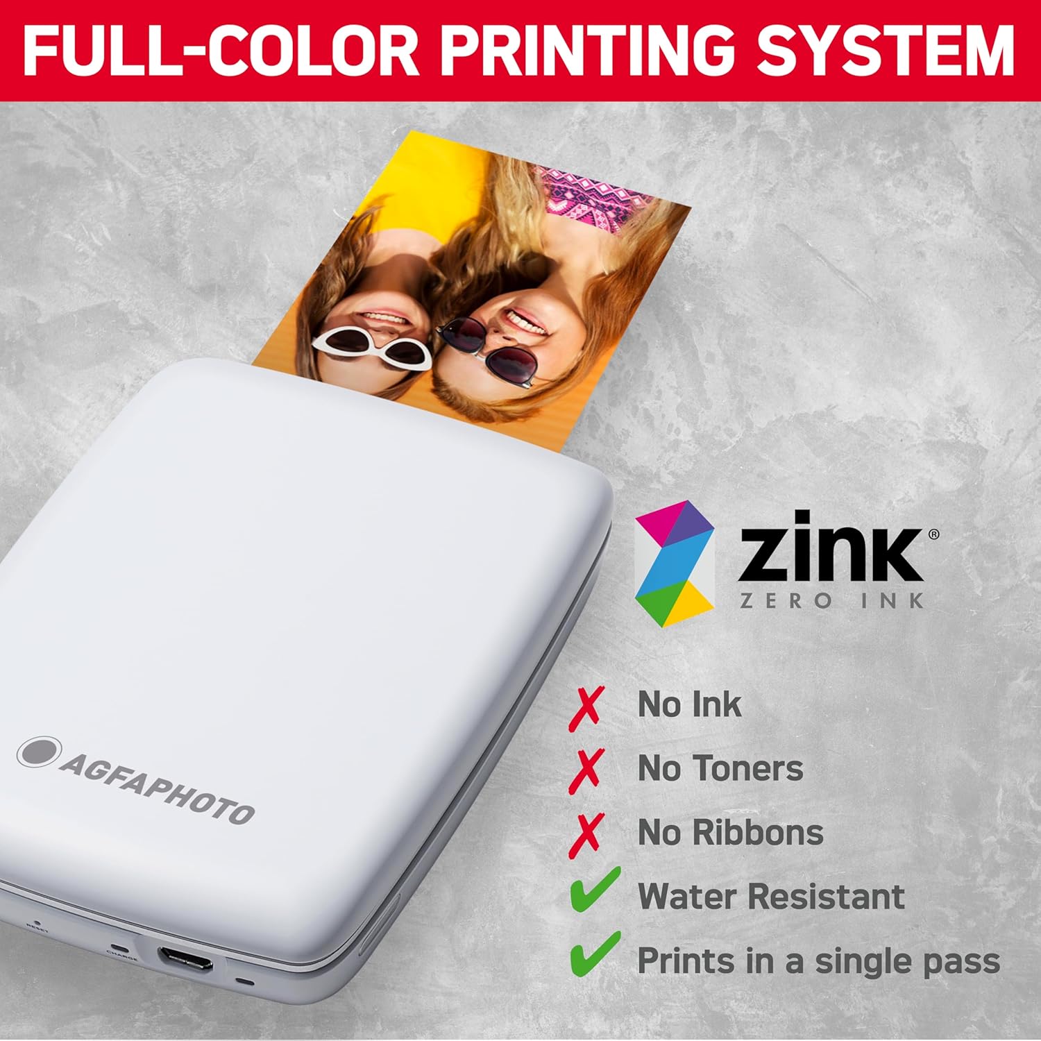 AGFA PHOTO Mini P.2 - Imprimante Portable Zink pour Photos Instantanées, Format 5x7,6 cm, Connexion Bluetooth, Compatible iOS/Android, 10 Feuilles Zink Incluses - Blanc