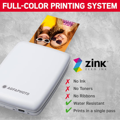AGFA PHOTO Mini P.2 - Imprimante Portable Zink pour Photos Instantanées, Format 5x7,6 cm, Connexion Bluetooth, Compatible iOS/Android, 10 Feuilles Zink Incluses - Blanc